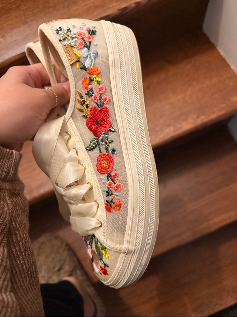 Keds Cream Floral Embroidered Satin Ribbon Sneakers - Picture 3 of 5